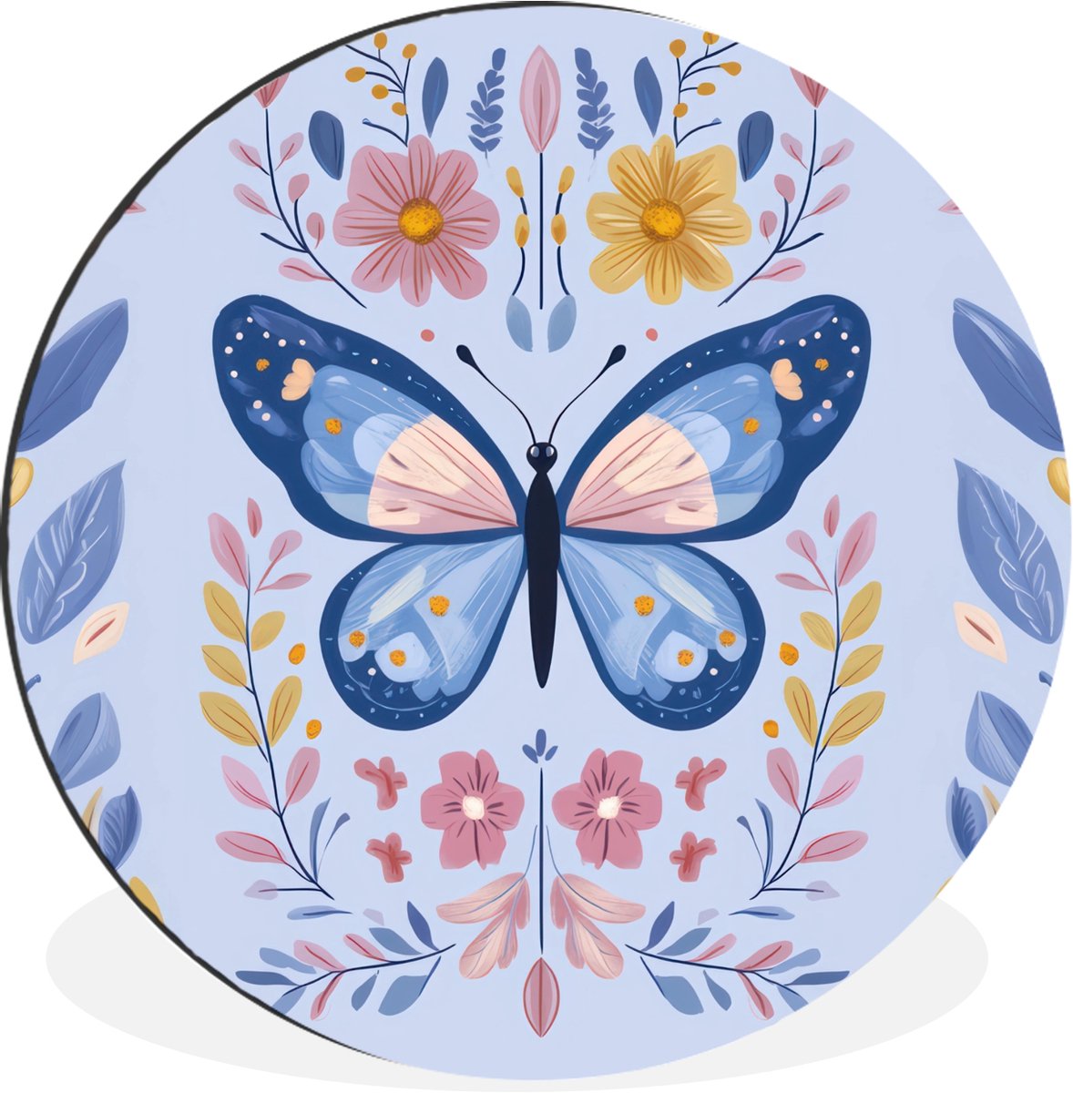 WallCircle Wandcirkel - Muurcirkel - Vlinder - Lichtblauw - Sierlijk - Bloemen - Aluminium - Dibond - 90x90 cm - Binnen en Buiten Vlinder - Sierlijk