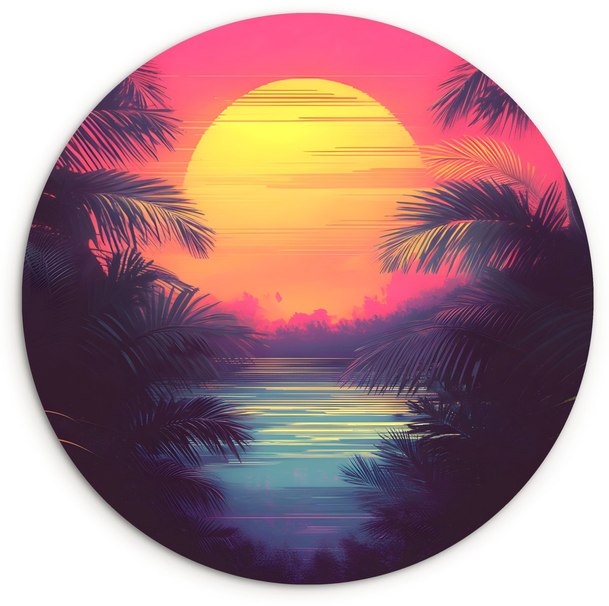 WallCircle Wandcirkel 120x120 cm - Muurcirkel Zon - Geel - Palmbomen - Tropisch - Muurdecoratie woonkamer - Wanddecoratie slaapkamer - Kamer decoratie accessoires - Ronde schilderijen Palmbomen - Zon