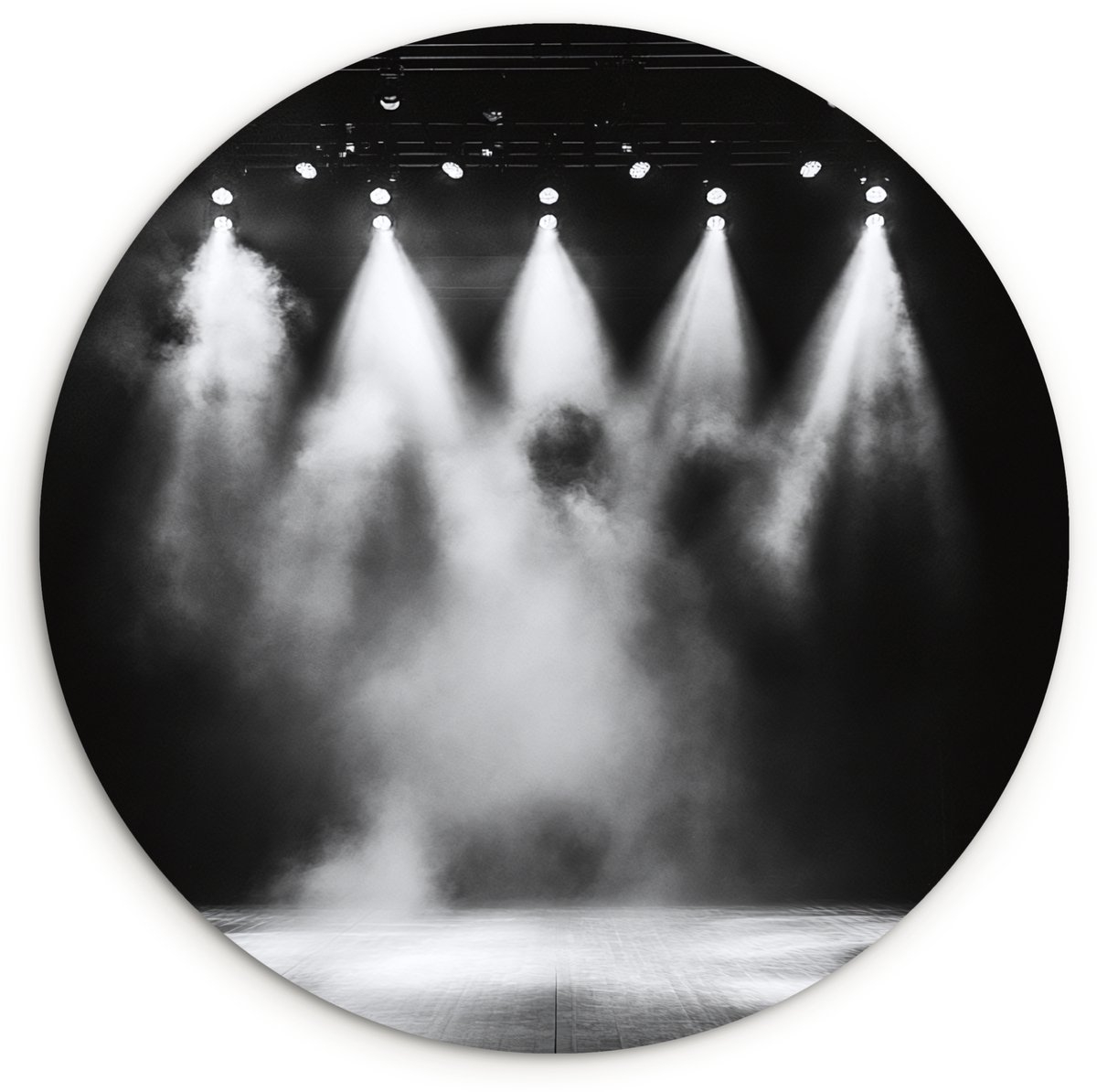 WallCircle Wandcirkel 150x150 cm - Muurcirkel Theaterzaal - Mist - Spotlights - Zwart - Muurdecoratie woonkamer - Wanddecoratie slaapkamer - Kamer decoratie accessoires - Ronde schilderijen