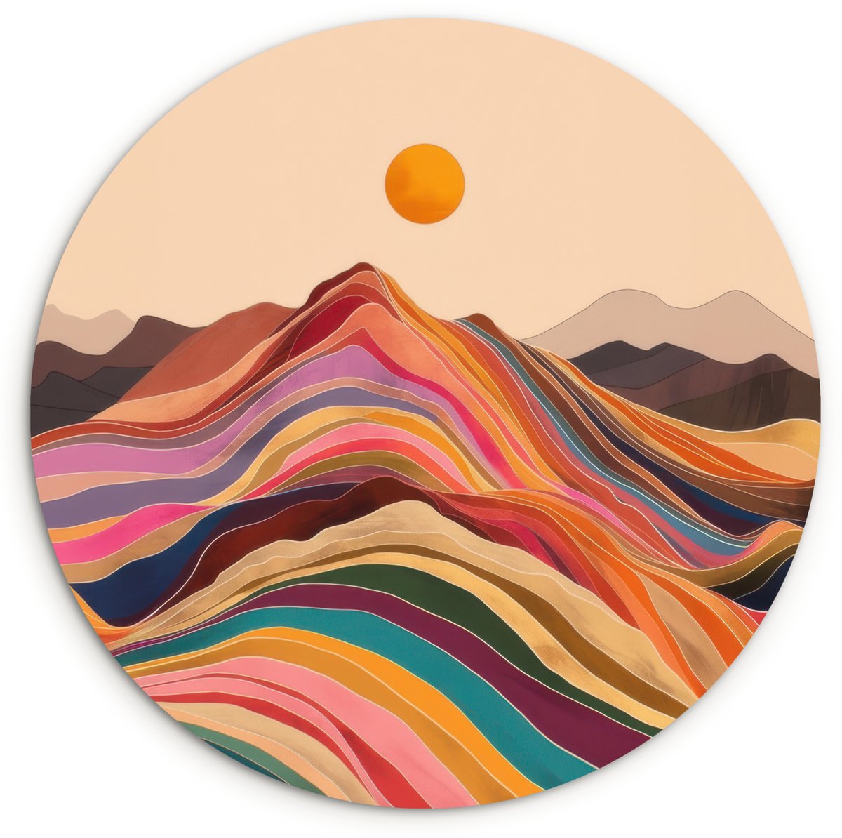WallCircle Wandcirkel 120x120 cm - Muurcirkel Zon - Kleurrijk landschap - Bergen - Muurdecoratie woonkamer - Wanddecoratie slaapkamer - Kamer decoratie accessoires - Ronde schilderijen Zon - Bergen - Kleurrijk