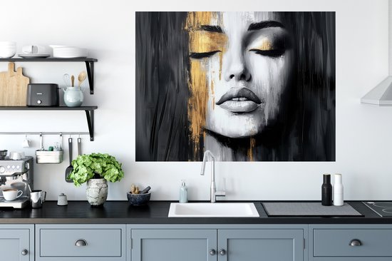 Muurstickers - Sticker Folie - Gezicht - Vrouw - Penseelstreken - Abstract - 120x90 cm - Plakfolie - Muurstickers Kinderkamer - Zelfklevend Behang - Zelfklevend behangpapier - Stickerfolie