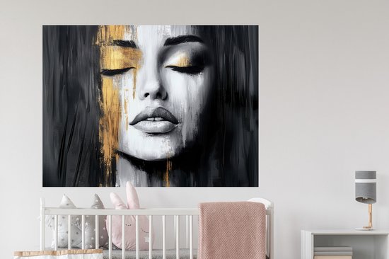 Muurstickers - Sticker Folie - Gezicht - Vrouw - Penseelstreken - Abstract - 120x90 cm - Plakfolie - Muurstickers Kinderkamer - Zelfklevend Behang - Zelfklevend behangpapier - Stickerfolie