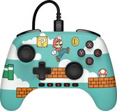 Lichtblauwe Nintendo Switch controller met Mario Time design: Mario springt bij een vraagtekenblok en munten. Bakstenen en wolkenprint.