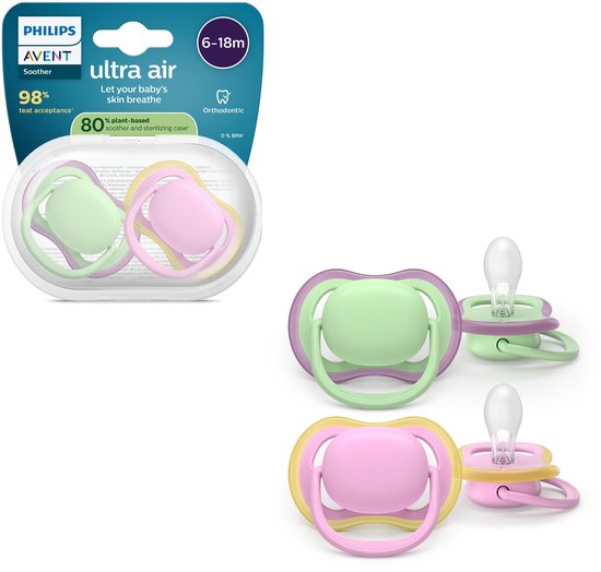 Emballage Philips Avent Ultra Air contenant 2 tétines (6-18m), vert clair/violet et rose clair/jaune. Tétines détachées à côté.