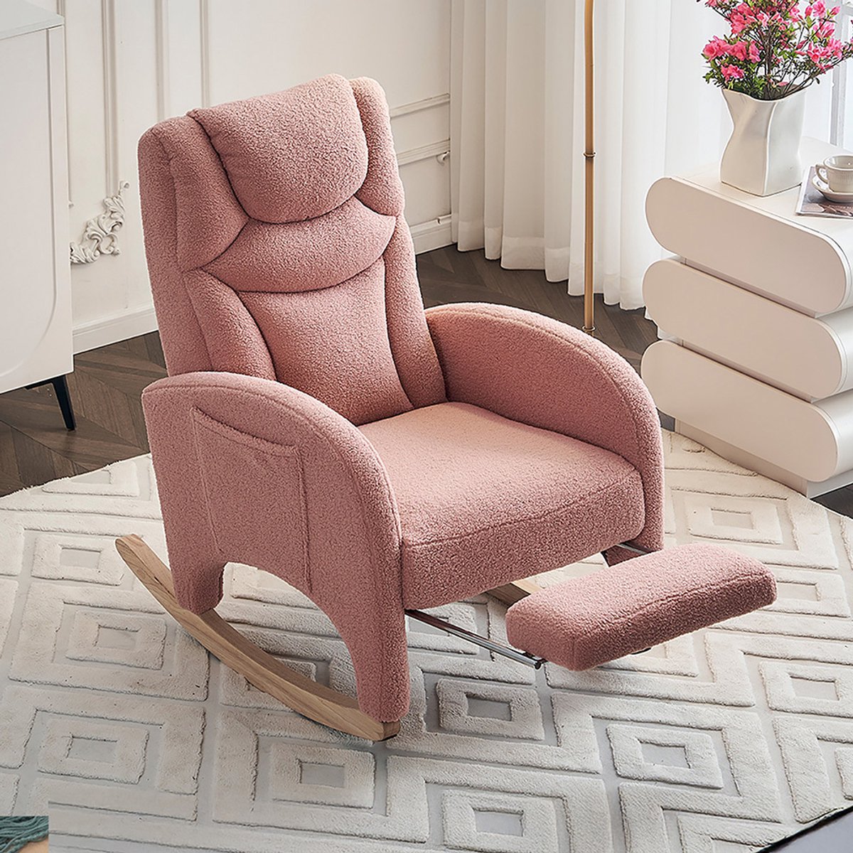 Pugsdrly Schommelstoel, relaxfauteuil, fauteuil met armleuningen, gestoffeerde schommelstoel, bijzetfauteuil voor slaapkamer, roze teddystof, draagvermogen 110 kg