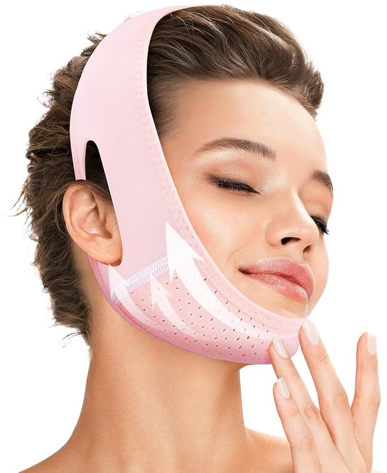 Herbruikbaar V-Lift Masker - met kinband - Geschikt voor slapen - Facelift - Voorkomt doorzakken - Kaaktrainer, Lichtroze - One Size