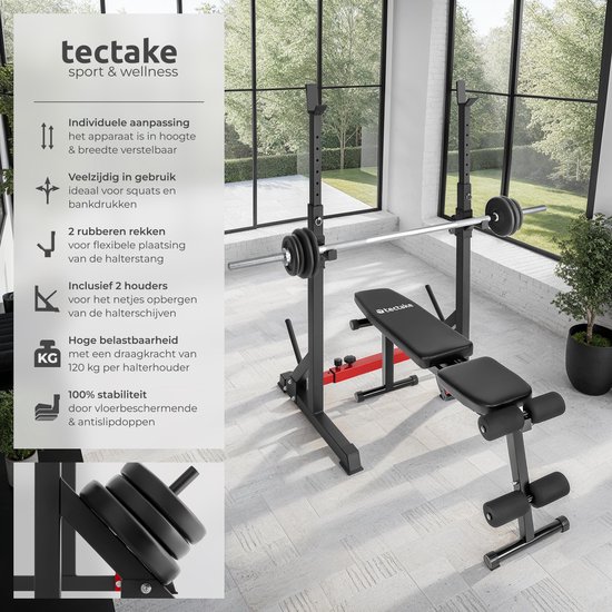 tectake® 2-delige halterdrager van robuust staal, 12-traps in hoogte verstelbaar squatrek met 150 kg belastbaarheid, compacte halterstandaard met antislipvoeten, ideaal powerrack voor squats en