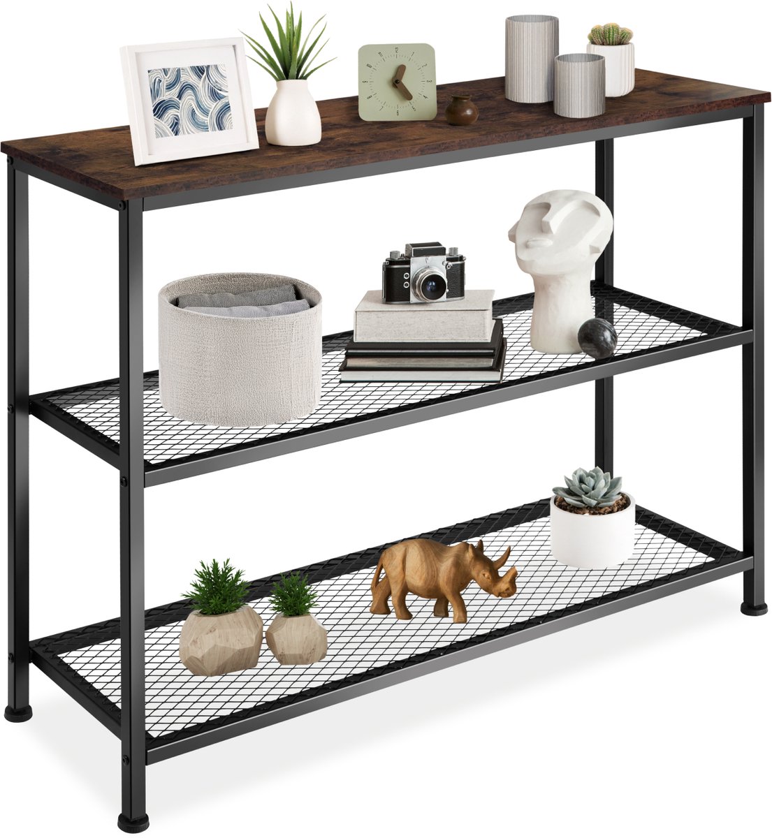 tectake® Consoletafel van hout en metaal - Slanke haltafel - 2 roosterplanken - Perfect voor hal of woonkamer - Industrieel design - Zwart metalen frame - Afmeting (LxBxH) 100 x 30 x 81 cm - Donkerbruin
