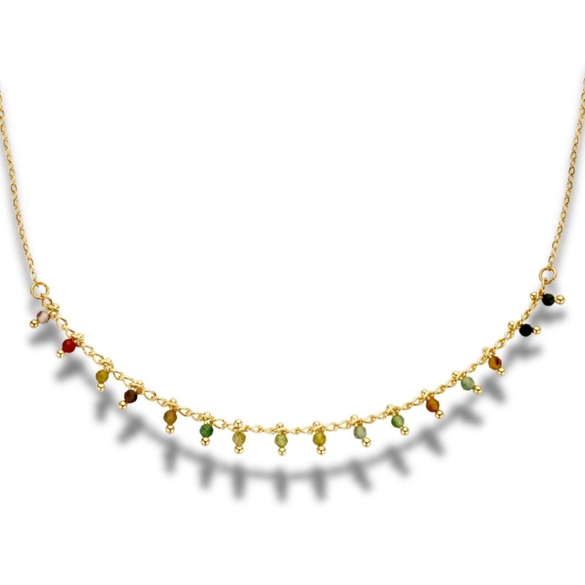Collier - ketting - goud kleurig plating - staal - met diverse kleuren natuursteen - lengte 40 - 44 cm - hypoallergeen