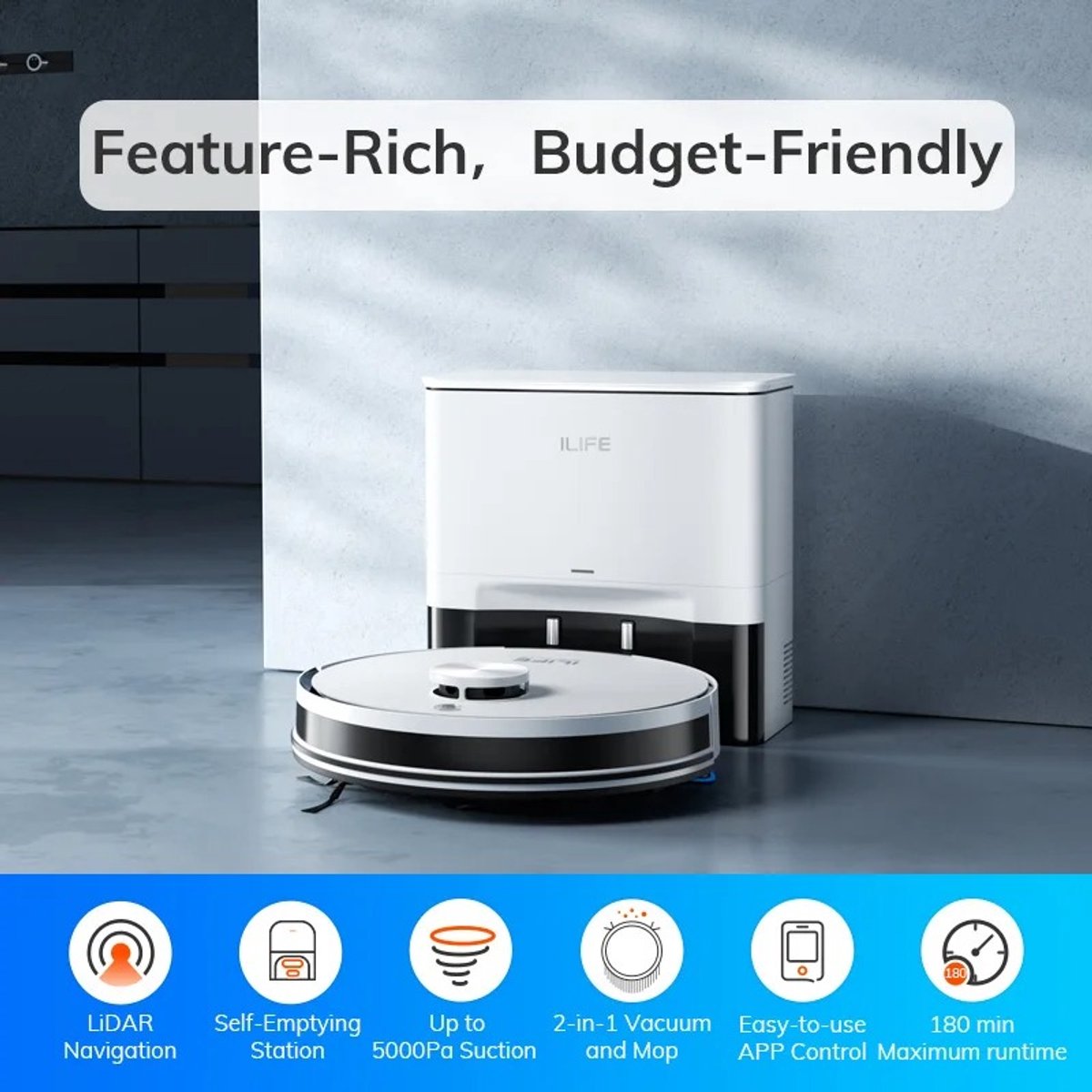 Afbeelding 3 van Everylimit - Robotstofzuiger met Dweilcombinatie - Schoonmaakrobot - Robotcleaner Huishoudrobot - Stofzuigerrobot - Automatisch laadstation - Zelfrijdende Stofzuiger - App/Afstandsbediening - Zelf legen - 60 dagen capaciteit - 5000 Pa zuigkracht
