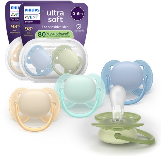 Philips Avent Ultra Soft – Sucette en silicone ultra douce (0 mois) – Pour peaux sensibles – Lot de 4 – SCF091/50