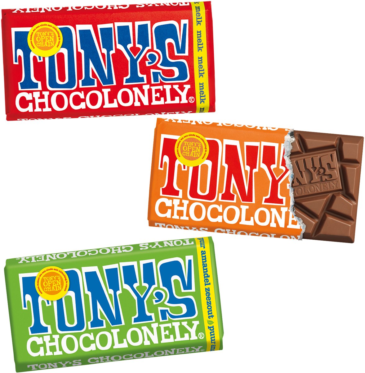 Tony's Chocolonely Bundel 3 chocoladerepen - melk + melk karamel zeezout + puur amandel zeezout - 3 x 180 gram