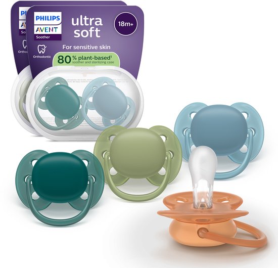 Philips Avent Ultra Soft – Sucette en silicone ultra douce (18 mois et plus) – Pour peaux sensibles – Lot de 4 – SCF093/08