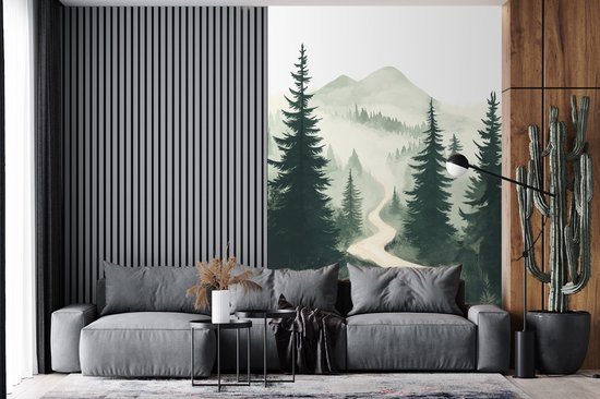 Behang - Fotobehang Pad - Bomen - Bos - Illustratie - Breedte 170 cm x hoogte 260 cm