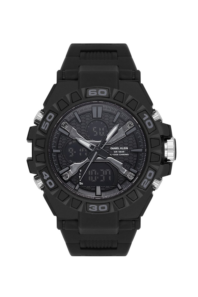 Daniel Klein DK.2220-2 - Horloge - Analoog - Digitaal - Heren - Mannen - Rond - Kunststof band - ABS - Strepen - Cijfers - Start-Stop - Reset - Chronograaf - Tweede tijdzone - Zwart - Zilverkleurig - Grijs- Wit
