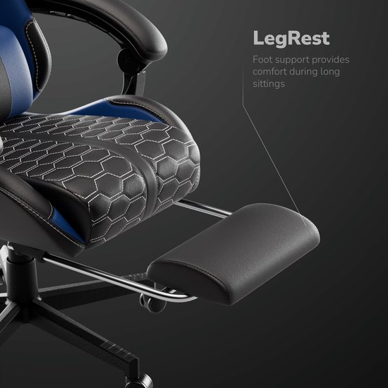 Detail van de zitting en uittrekbare voetsteun van een blauwe en zwarte gamerstoel. Tekst: 'LegRest - Foot support provides comfort during long sittings'.