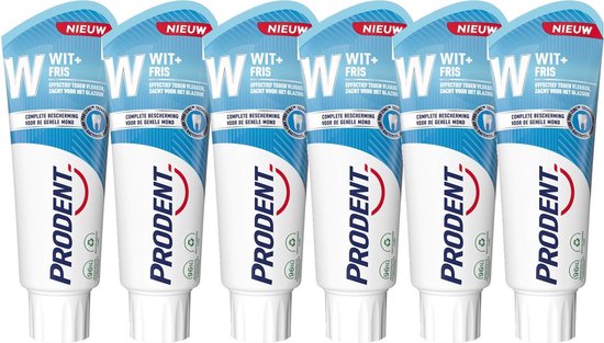 Zes tubes Prodent Wit+Fris tandpasta in voordeelverpakking, effectief tegen vlekken en zacht voor het glazuur.