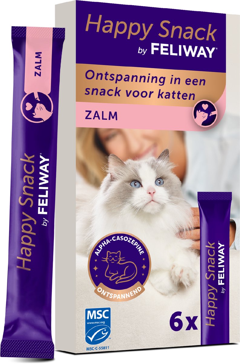 Happy Snack by FELIWAY zalmsmaak 6 sticks- Heerlijke romige kattensnack met ontspannend effect - Helpt jouw kat zich rustiger te voelen en bevordert het emotionele welzijn