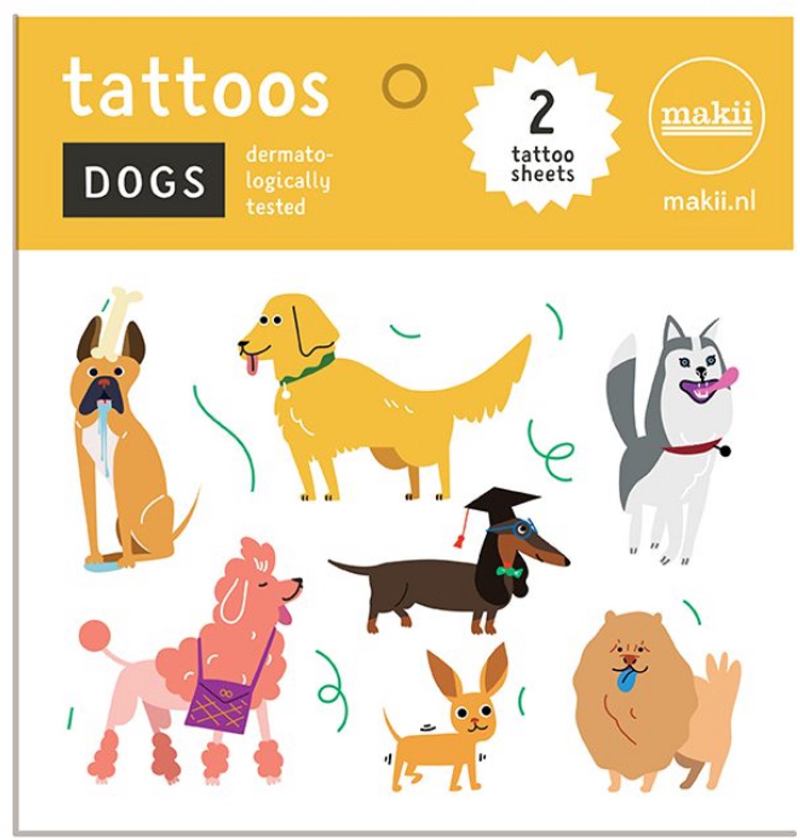 Makii Tattoos Honden – Set van 13 Tijdelijke Tattoos – 2 Vellen – Dermatologisch Getest