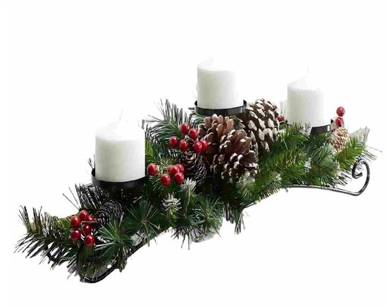 Kerst Tafeldecoratie met 3 Kandelaars – kerst Kaarsenhouder 45 cm – Waxinelichtjeshouder - Met Dennentakken, Rode Bessen en Dennenappels – Kerst Centerpiece voor Tafel of Haard