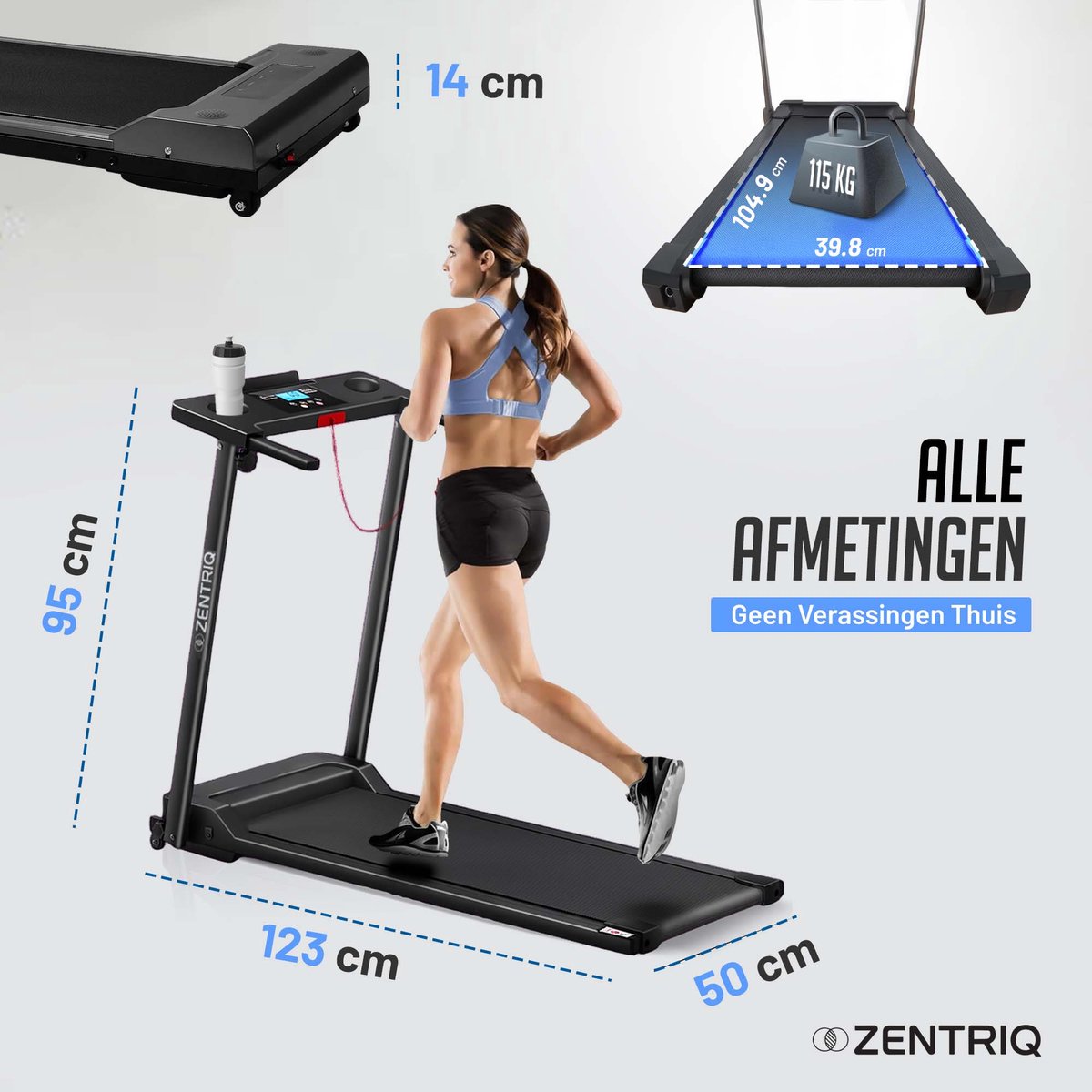 Afbeelding 3 van Zentriq Rise Loopband - Loopband Inklapbaar – 1-8 km/u Schokabsorberende Loopband met LED Display – Met Flessenhouder – Rolbaar & Draagbaar voor Thuisgebruik – Walking Pad - Wandelband