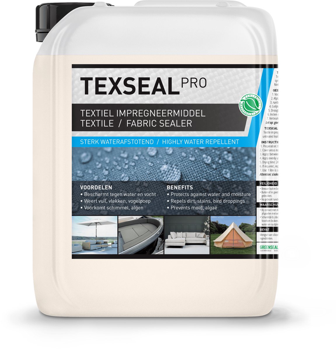 Nr. 1 Impregneerspray Meubelstof - Nano Coating - 100% Waterafstotende Spray voor Tent, Bootkap, Cabrio, Bank - Textile Protector Spray - Textiel Impregneermiddel - Texseal Pro 5L (30m2)