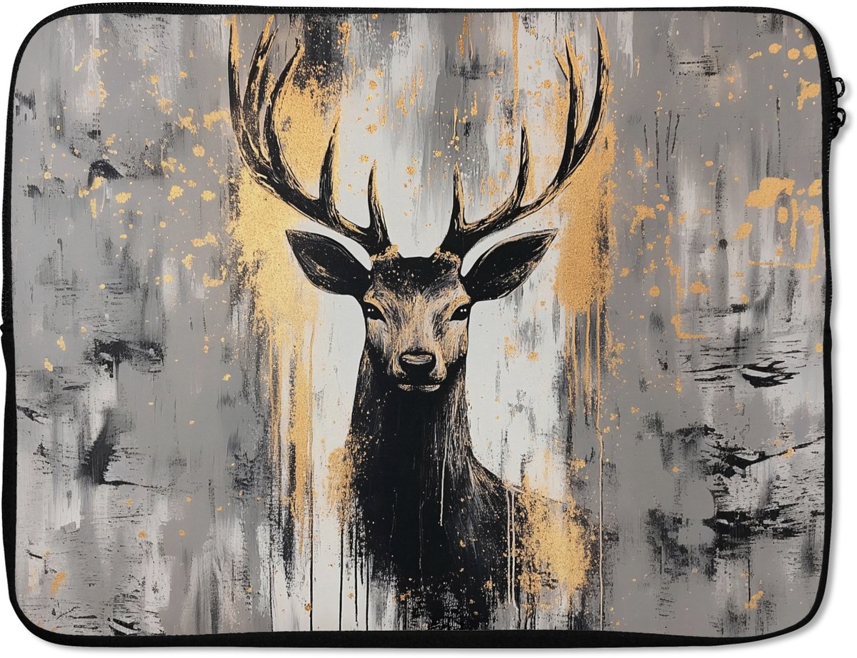 Laptophoes 17 inch - Abstract - Hert - Gewei - Goud - Laptop sleeve - Binnenmaat 41x28 cm - Zwarte achterkant