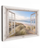 Tuinschilderij voor buiten 120x80 cm - Tuindecoratie Doorkijk - Strand - Zee - Duinen - Helmgras - Zand - Blauw - Tuinposter op canvas - Tuin muurdecoratie - Buitenschilderij decoratie - Schutting wanddecoratie - Buitencanvas