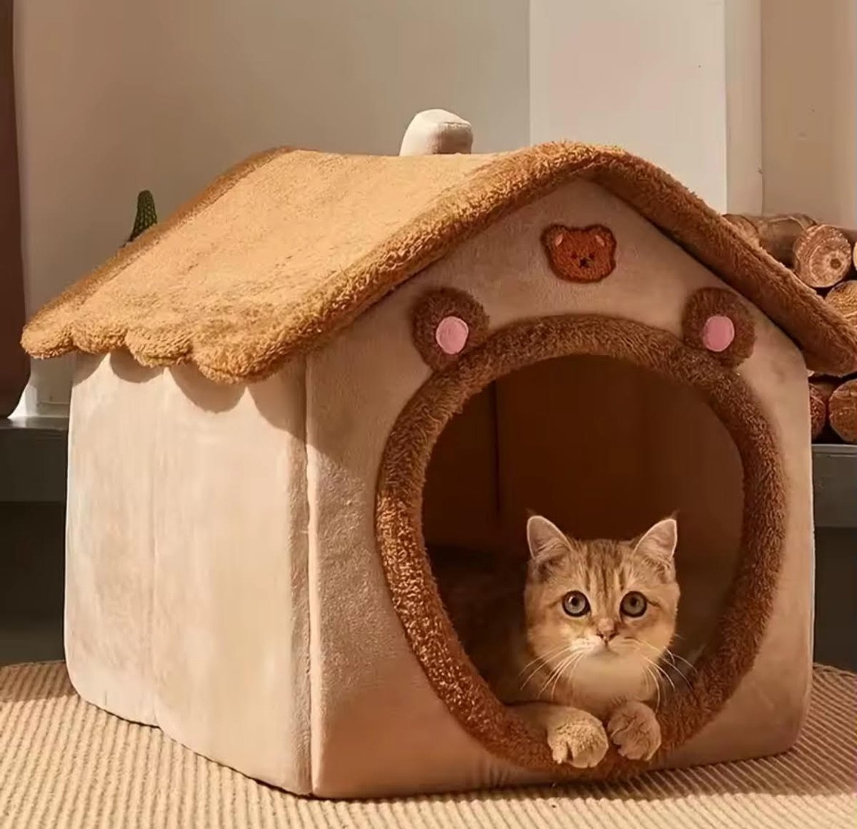 Kattenmand - Kattenhuis - Bruin - Poezenmand - Kattenbed - Kattenkussen - Kattenhol - Katten slaapmand - Huisdier Slaapbed - Dierenmand - Knusse slaapplek voor katten of kleine honden - Teddybeer Stijl - Zacht