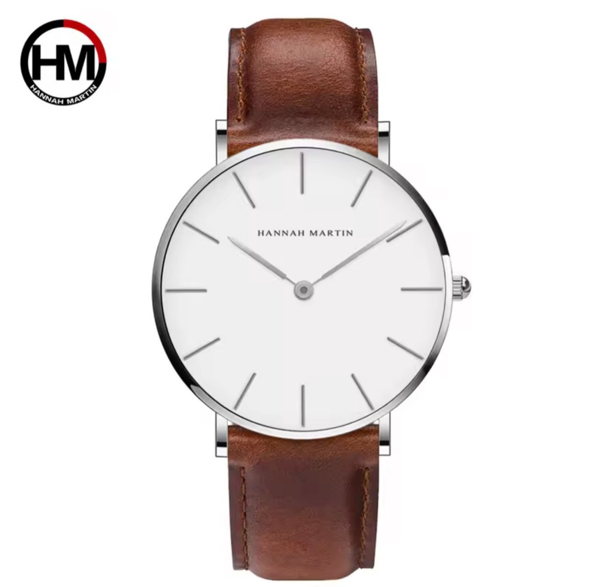 Hannah Martin Unisex Horloge | Bruin Lederen Polsband | Zilverkleurig Horlogekast | Wit Wijzerplaat | Heren Horloges |
