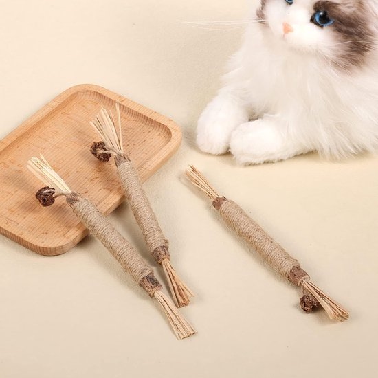 Drie zilverstruikspeeltjes van sisal touw met raffia en gedroogd vruchtje, op een beige achtergrond naast een houten schaaltje en pluche kat.