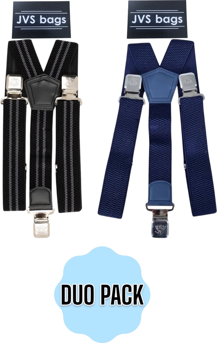 Duo Pack Bretels 3 clips - 2 stuks - Bretels - bretels heren volwassen Zwart - Grijs - blauw