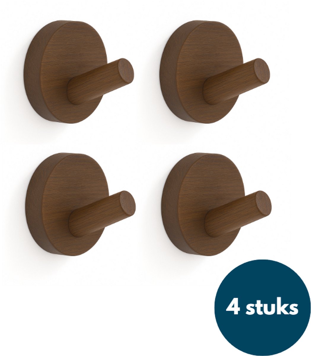 Kapstok haken hout - Walnoot - Wandhaken - Wandkapstok - Zelfklevende haakjes - Plakhaakjes - Rond - 4 stuks