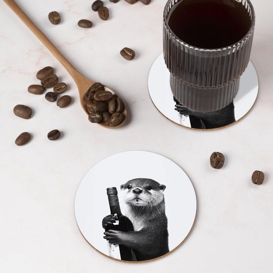 Sous-verres de verre ronds pour bouteilles de vin - Motif loutre - Zwart - 10 x 10 cm - Lot de 6