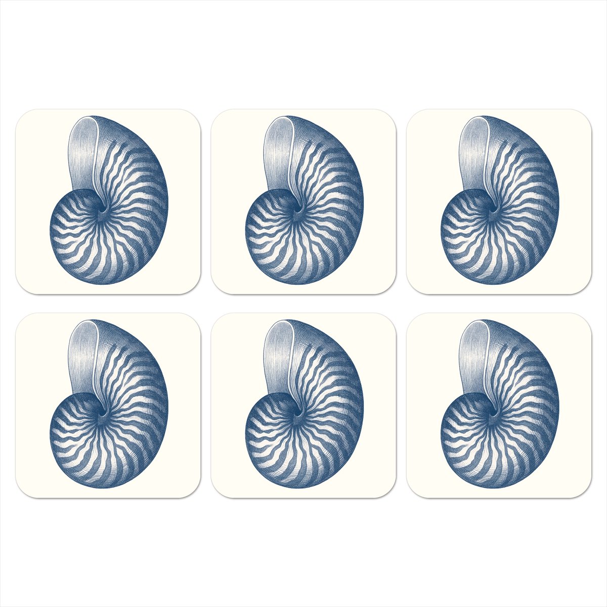 Onderzetters voor glazen - Blauw - Schelp - Spiraal - 10x10 cm - Glasonderzetters - 6 stuks