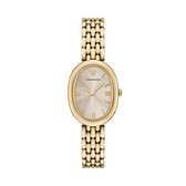 Gouden Emporio Armani horloge met ovale wijzerplaat, Romeinse cijfers en schakelband.