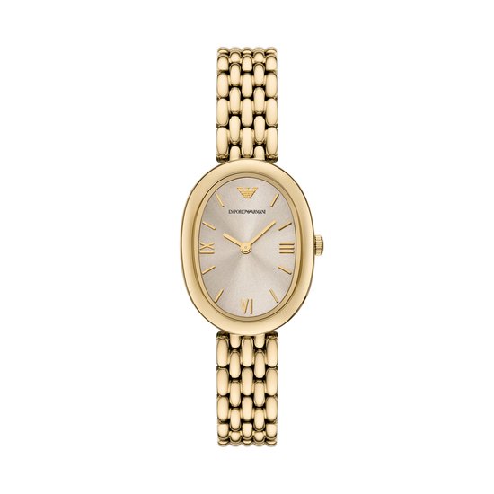 Montre Emporio Armani dorée avec cadran ovale, chiffres romains et bracelet à maillons.