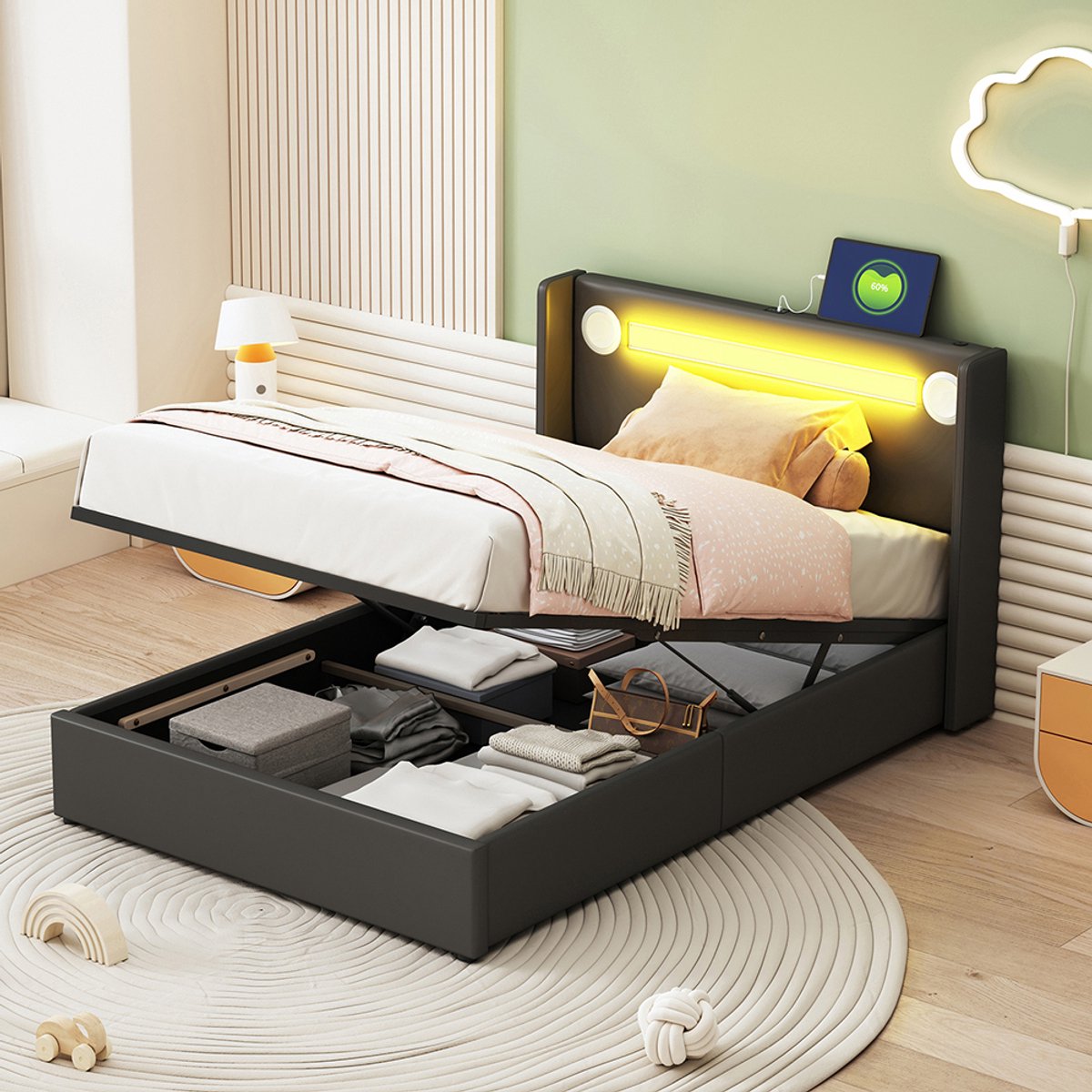 Pugsdrly Gestoffeerd kinderbed 90x200 bed met led-lichtstrip, bluetooth-speler en USB-oplaadpunt, opbergbed van PU-leer, hoogslaper met opbergruimte, jeugdbed met lattenbodem