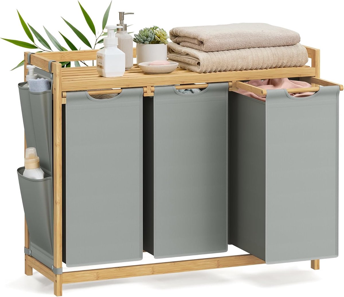 Furnstar wasmand - 3 vakken - Bamboe - Wasverzamelaar 150 l - Wassorteerder met plank -Waszak - Kleine zijzakken - 3 x 50 l 94 x 33 x 78 cm - Duifgrijs
