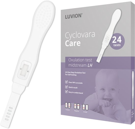 Witte Luvion Cyclovara Care ovulatietest met een doos voor 24 tests. Met afbeelding van een baby en tekst.