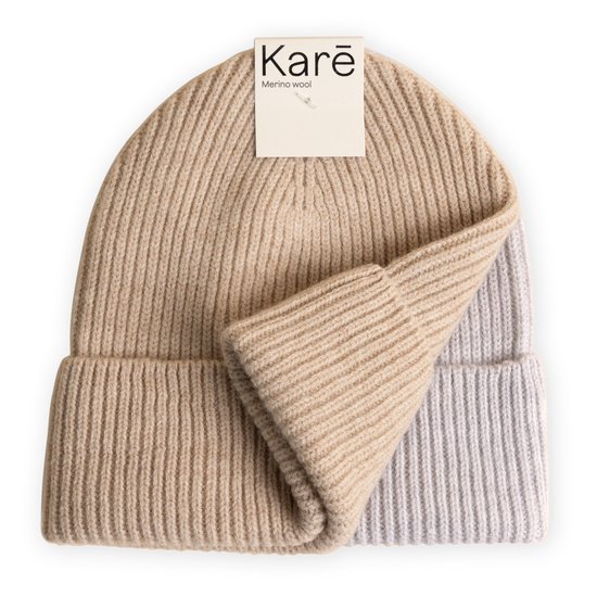 Karē Baby Muts - Baby Mutsje voor jongens en meisjes - Zacht & Ademend Merino Wol - 2 Pack - Bon Beige & Mixed Grey