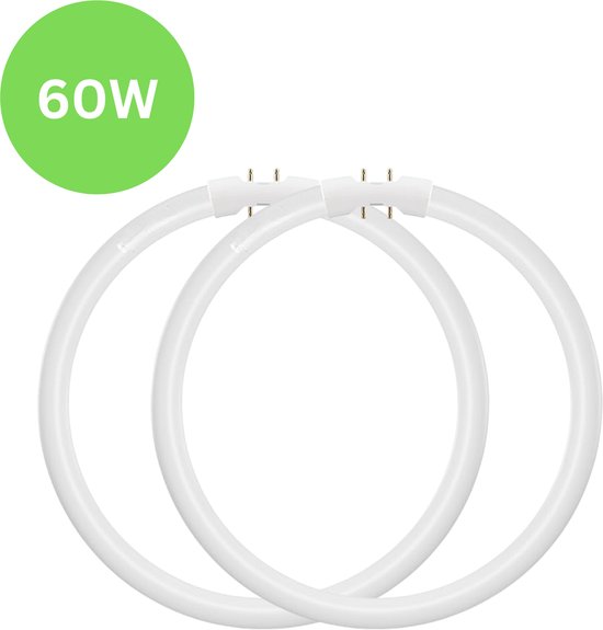 Twee ronde witte TL-buizen met 4 pinnen en een groene cirkel met '60W'.