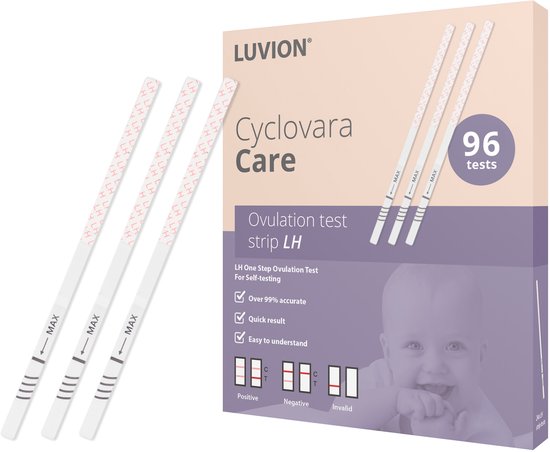 Luvion Cyclovara Care ovulatieteststrips, 96 stuks. Een doos met drie witte teststrips met rode tekens, naast een doos met babygezicht en de tekst '96 tests'.