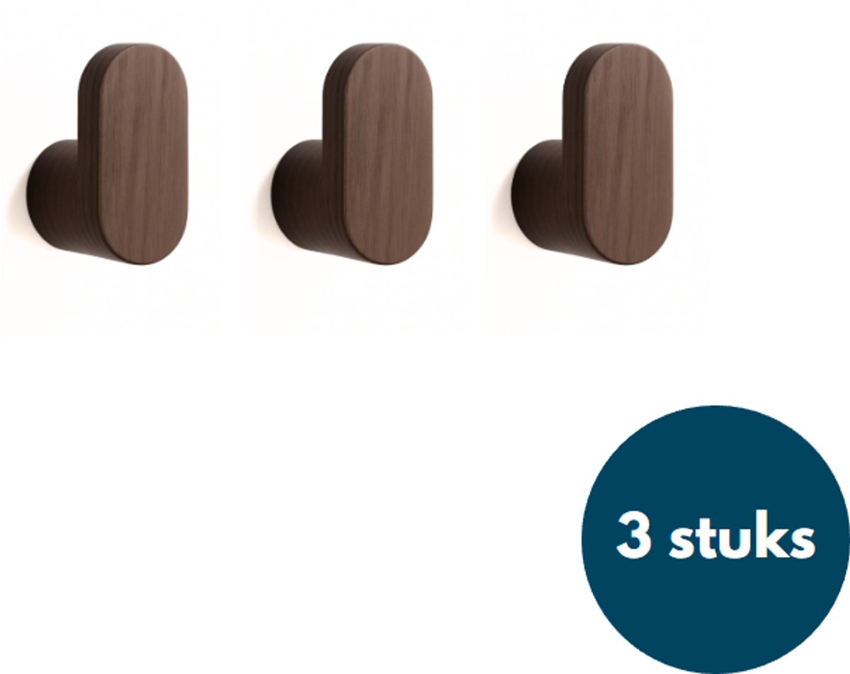 Houten Kapstokhaken - Kledinghaken - Ophanghaken - Handdoekhaken - Jashaken - 3 Stuks - Walnoot