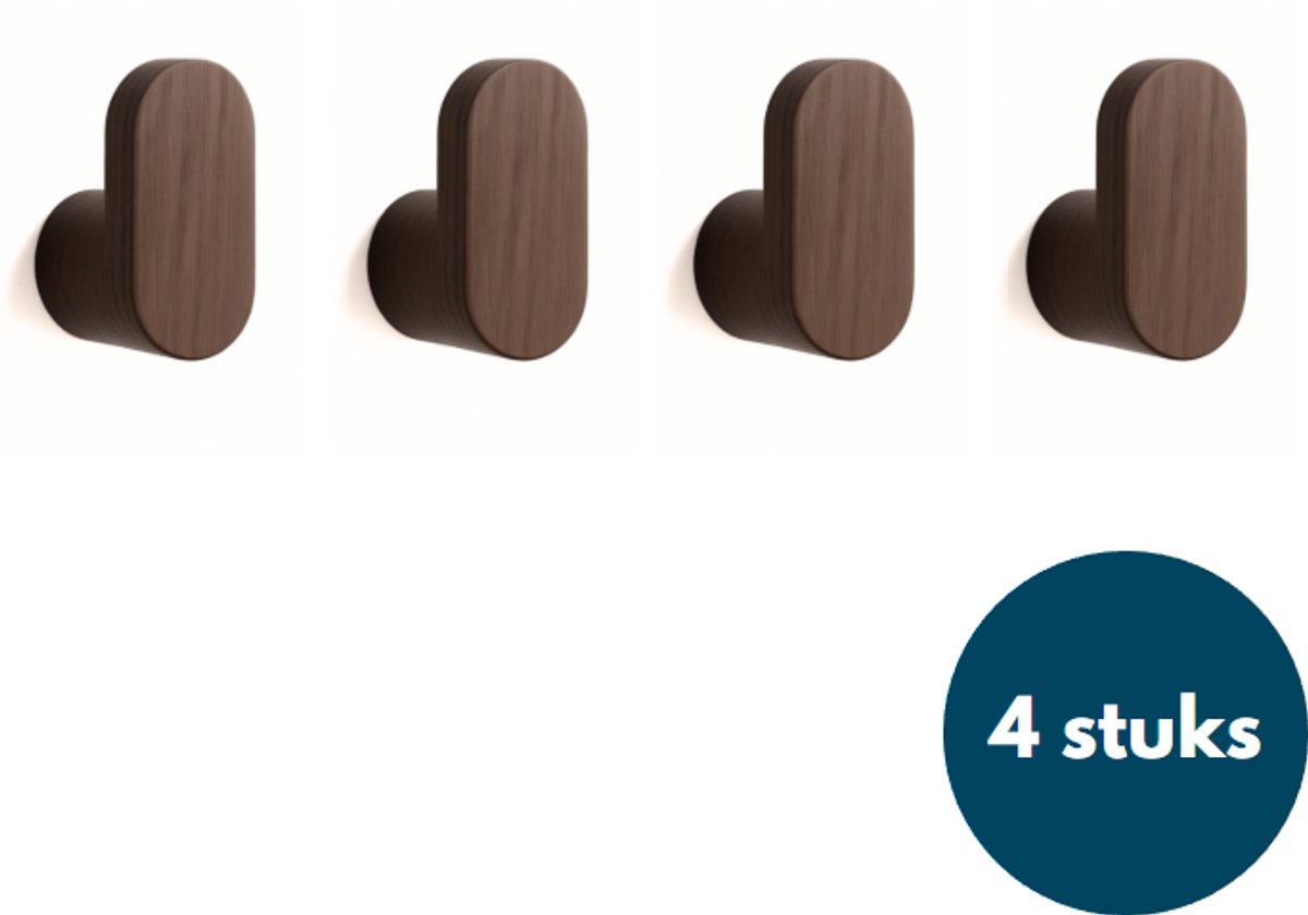 Houten Kapstokhaken - Kledinghaken - Ophanghaken - Handdoekhaken - Jashaken - 4 Stuks - Walnoot