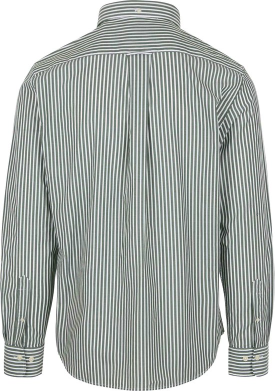 Achterkant van een groen-wit gestreept katoenen Gant overhemd met button-down kraag en mouwen.