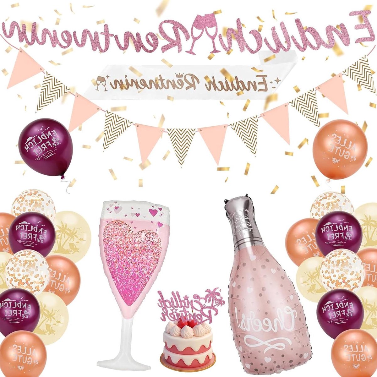 ByShane - Pensioendecoratieset voor vrouw | Voorgemonteerd pensioencadeau met Happy Birthday-ballonnen | Eindelijk gepensioneerde slinger en taartdecoratie met sjerp