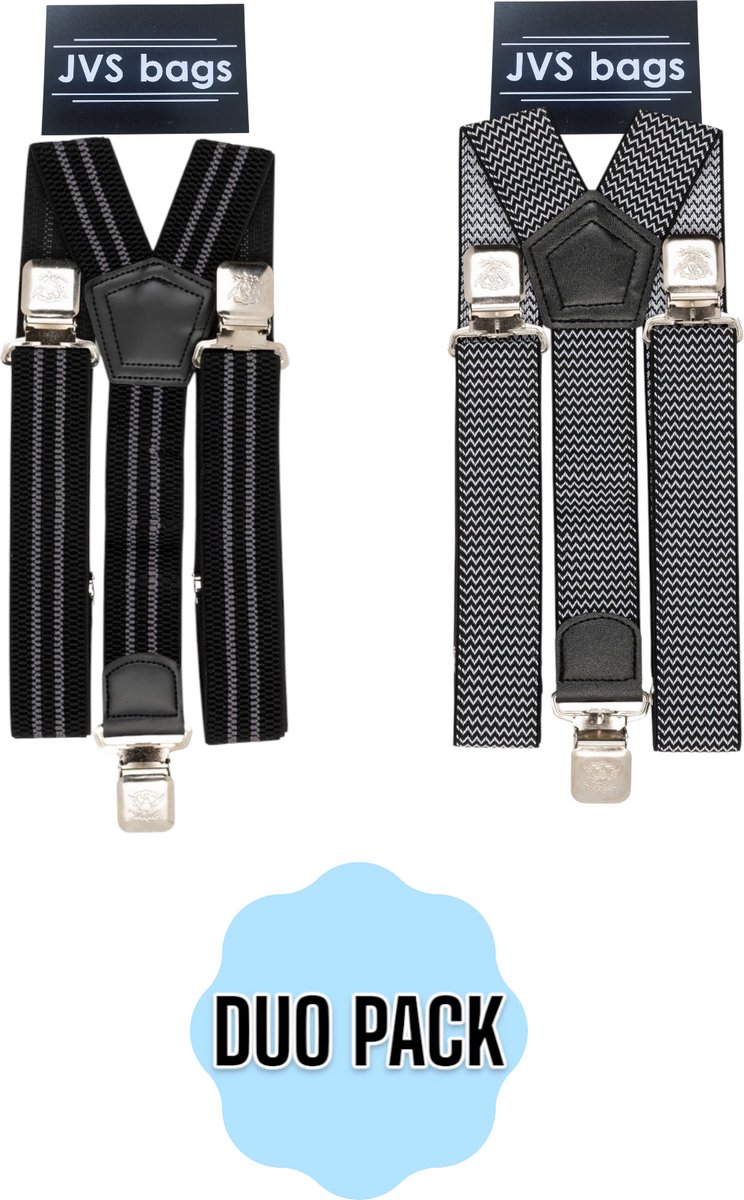 2x Bretels Zwart grijs wit - 3 Clips - Met extra stevige, sterke en brede klem die niet losschieten!