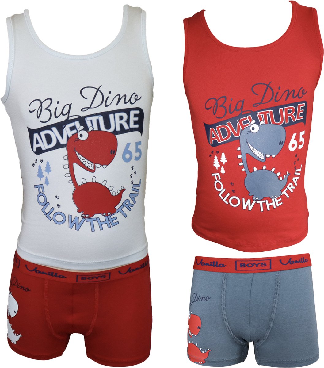 Vanilla - Jongens Boxer en hemd, Ondergoed - 4-pack - Egyptisch katoen - Rood/Blauw - 8-10 jaar - 4627