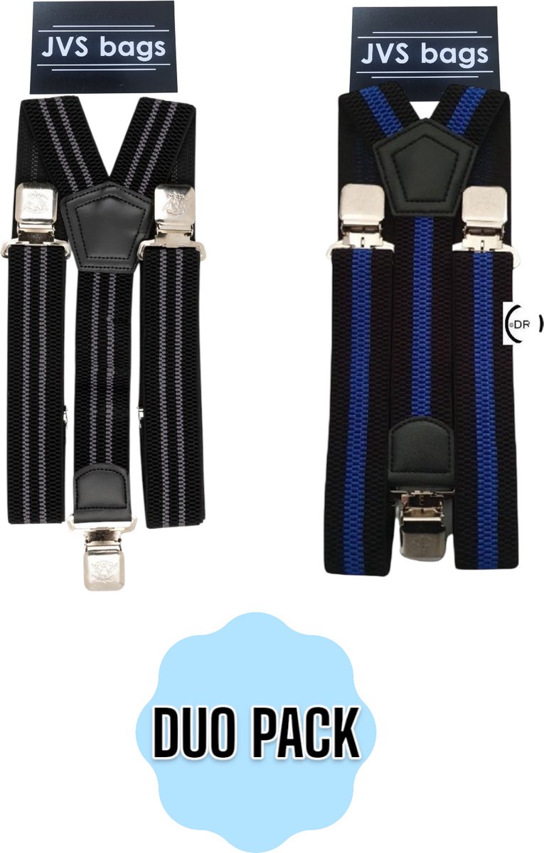 2x Bretels - Zwart grijs blauw - 3 clips - Met extra stevige, sterke en brede klem die niet losschieten!